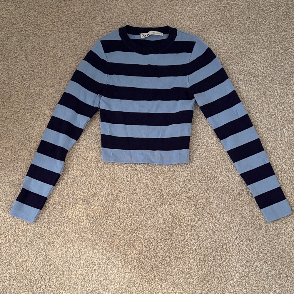Zara Navy and Light Blue Striped Long Sleeve Top